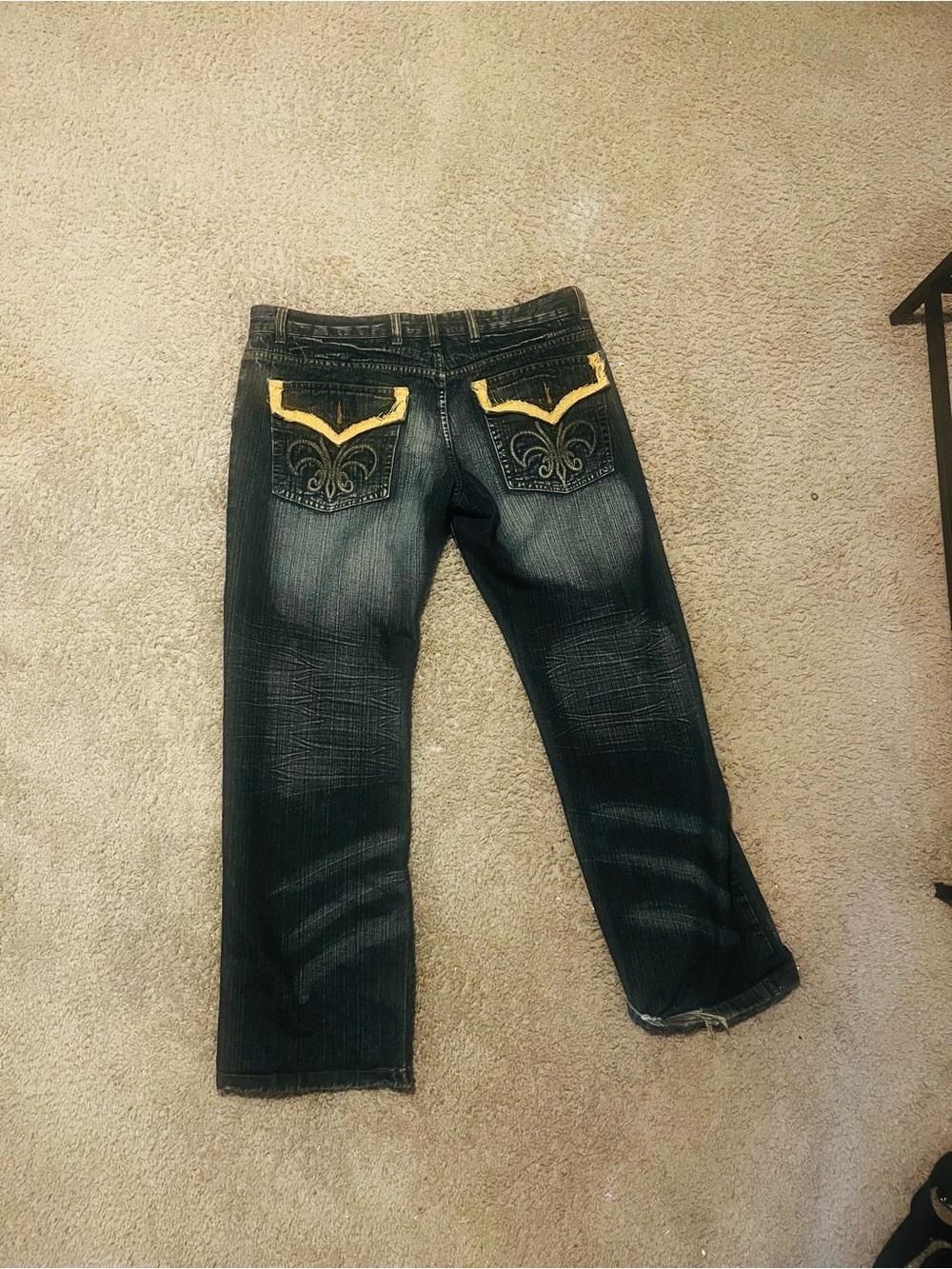 Men's Black Bootcut Jeans with Yellow Pocket Trim